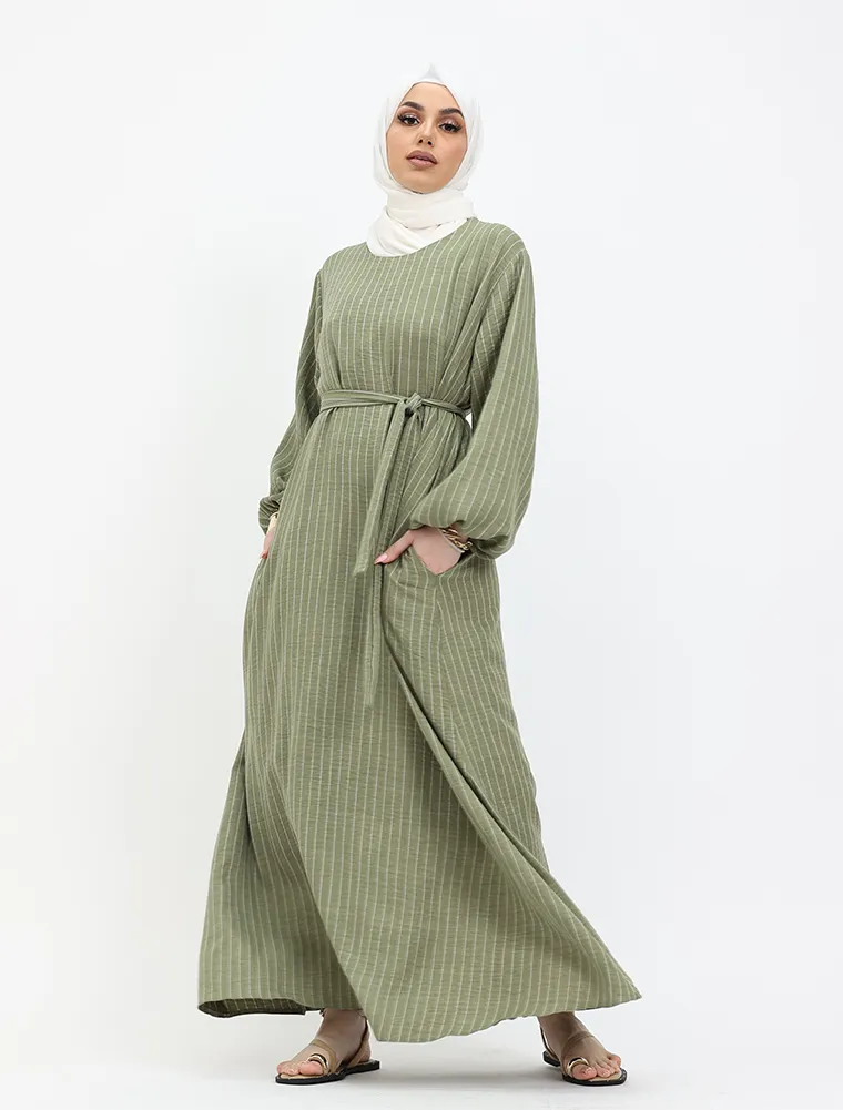 Khaki Stripe Linen Feel Essential Abaya